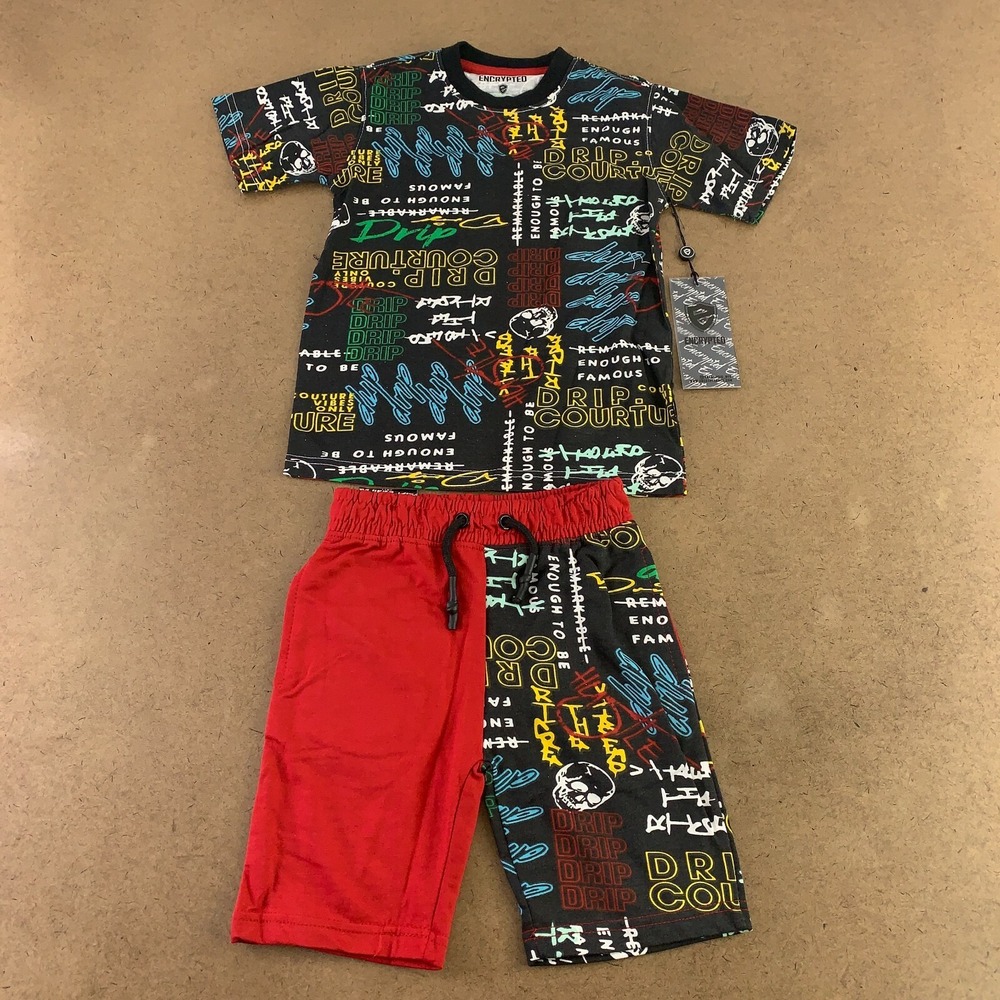 Encrypted Boys Size 6 Colorblock Drip Printed 2 Piece T-Shirt & Shorts Set NWT